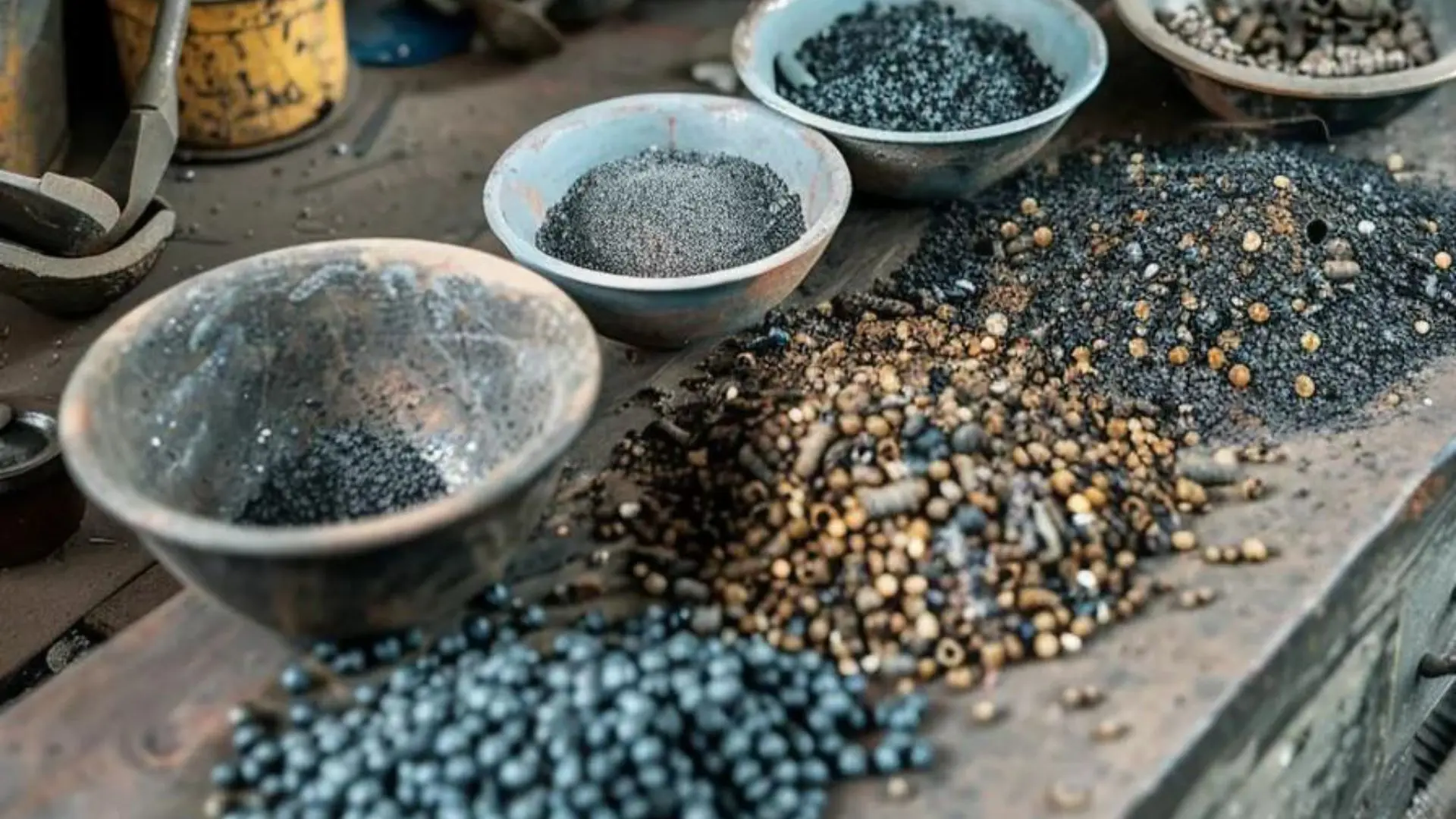 Small abrasive metal balls and grinding media arranged in bowls on a manufacturing workbench