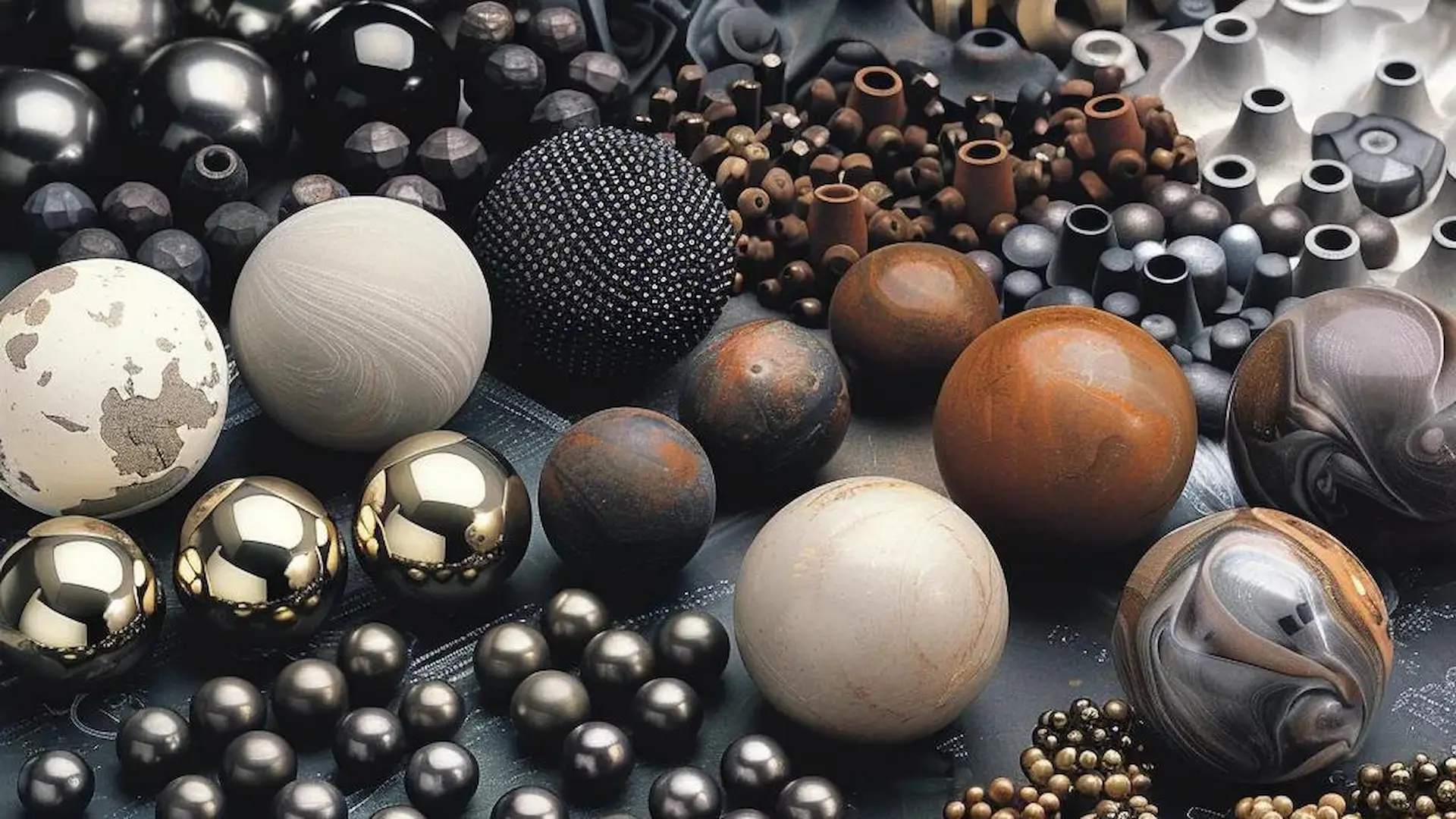 Various types of grinding media materials including steel, ceramic, and composite spheres
