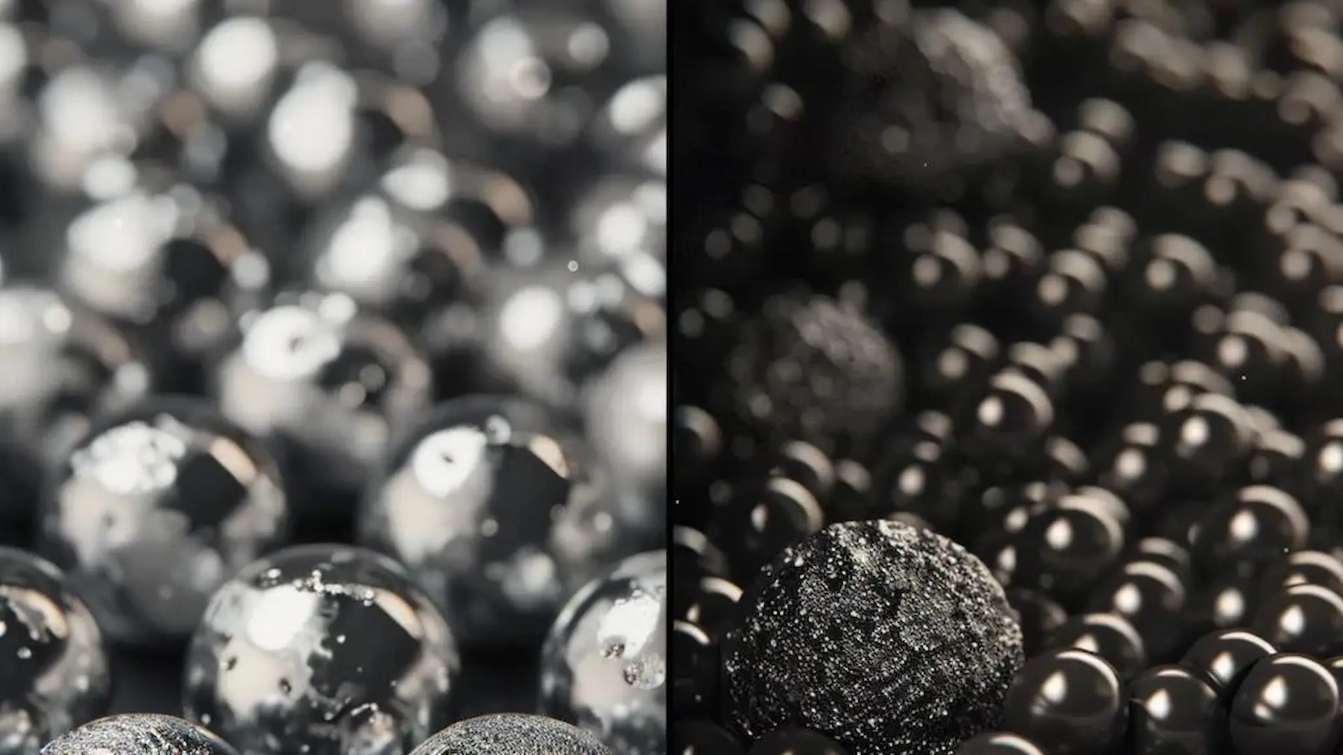 Close-up comparison of shiny steel grinding balls and textured ceramic grinding media