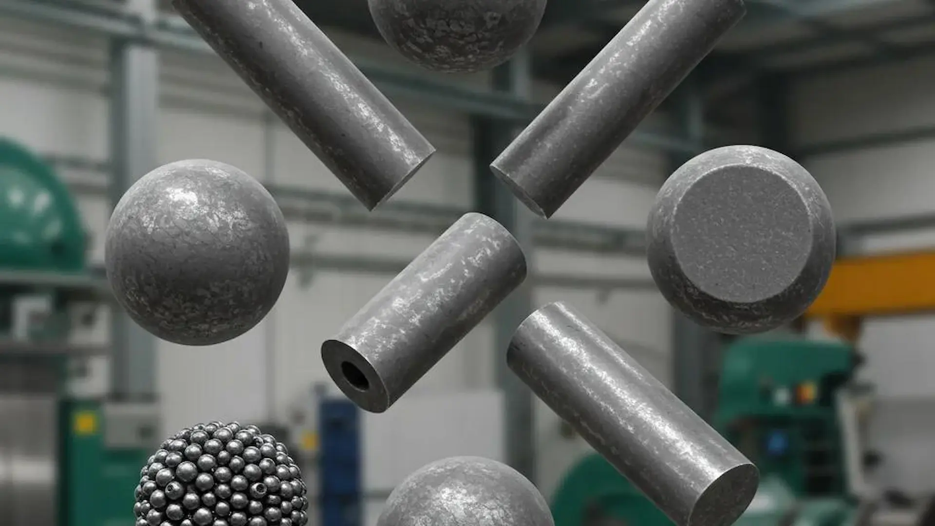 Grinding media shapes including steel balls, cylinders, and specialty forms in an industrial setting