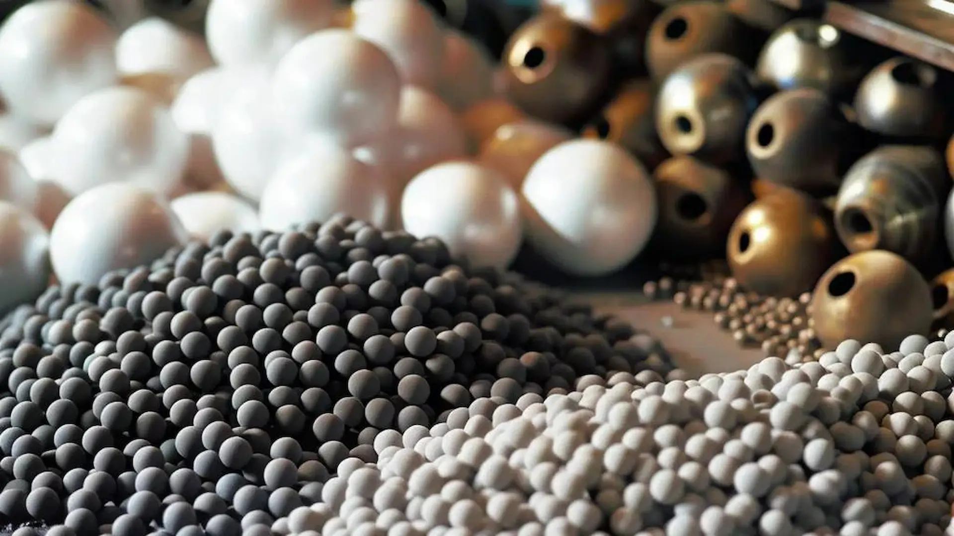 Different types of grinding media including ceramic, zirconia, and steel balls used in industrial milling
